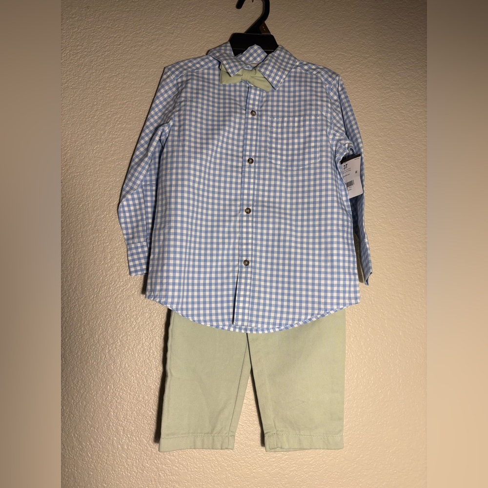 NWT Carters 3T Outfit - Blue Checkered Kids Shirt with Bow Tie & Matching Pants
